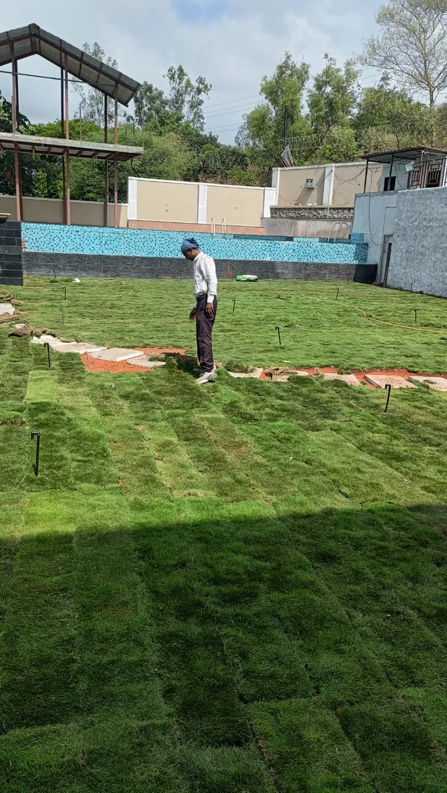 Person working in a lawn area beside a paved path